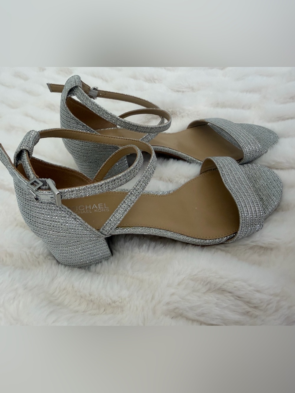 Never worn! Michael Kors Silver Glitter Ankle-Strap Sandals-size 7